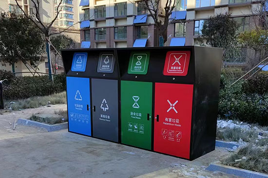 小区安装四分类垃圾桶罩，垃圾分类亭